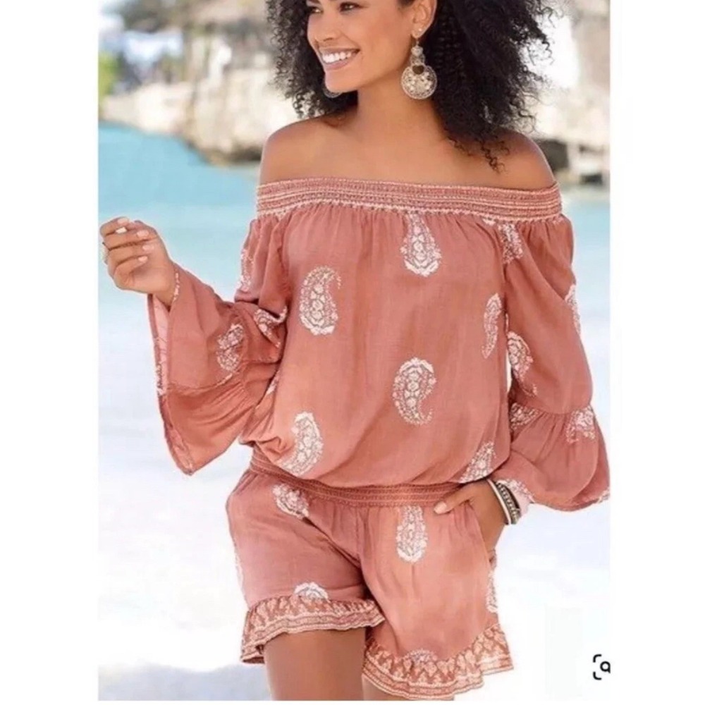 Lascana Venus Boho Paisley Print Off Shoulder‎ Romper Bell Sleeve Size Small